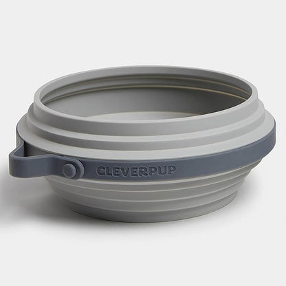 Cleverpup Nomad Large Collapsible Travel Dog Bowl - 4 Cup BPA-Free Silicone for Medium & Large Dogs, Portable, Food & Water, Dishwasher Safe - Grey