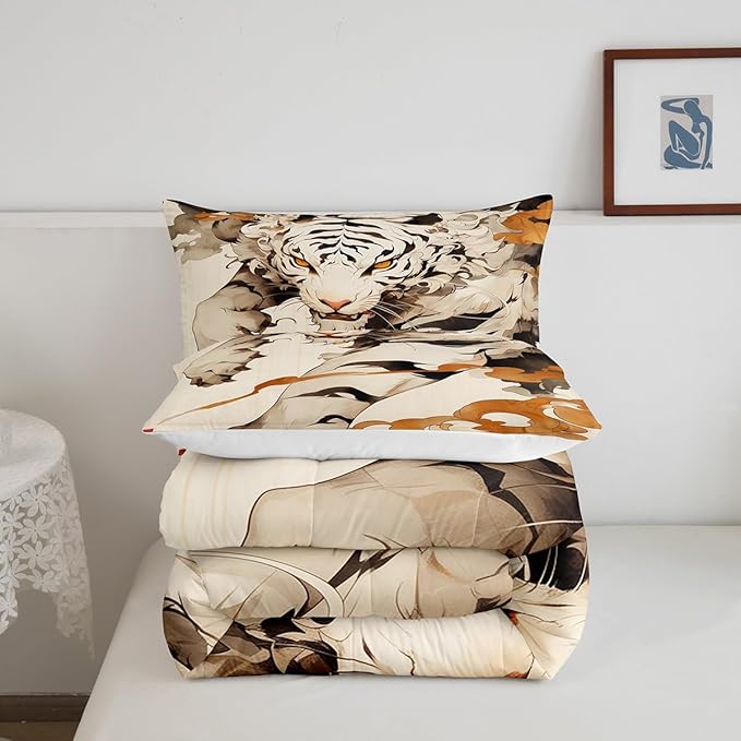 Erosebridal Tiger Comforter Set King Woodland Wild Animal Bedding Set Oriental Japanese Style Down Comforter 3D Cartoon Quilted Comforter Youth Teenage Beige Room Decoration Microfiber 3pcs