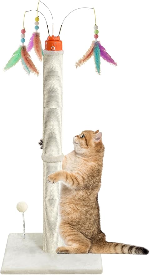 YARUOMY Cat Scratching Post，42.5" Tall Heavy Duty Cat Scratcher，Scratching Posts for Indoor Cats Adult with Interactive Cat Toys Automatic Teaser Wand and Rotating Hanging Balls