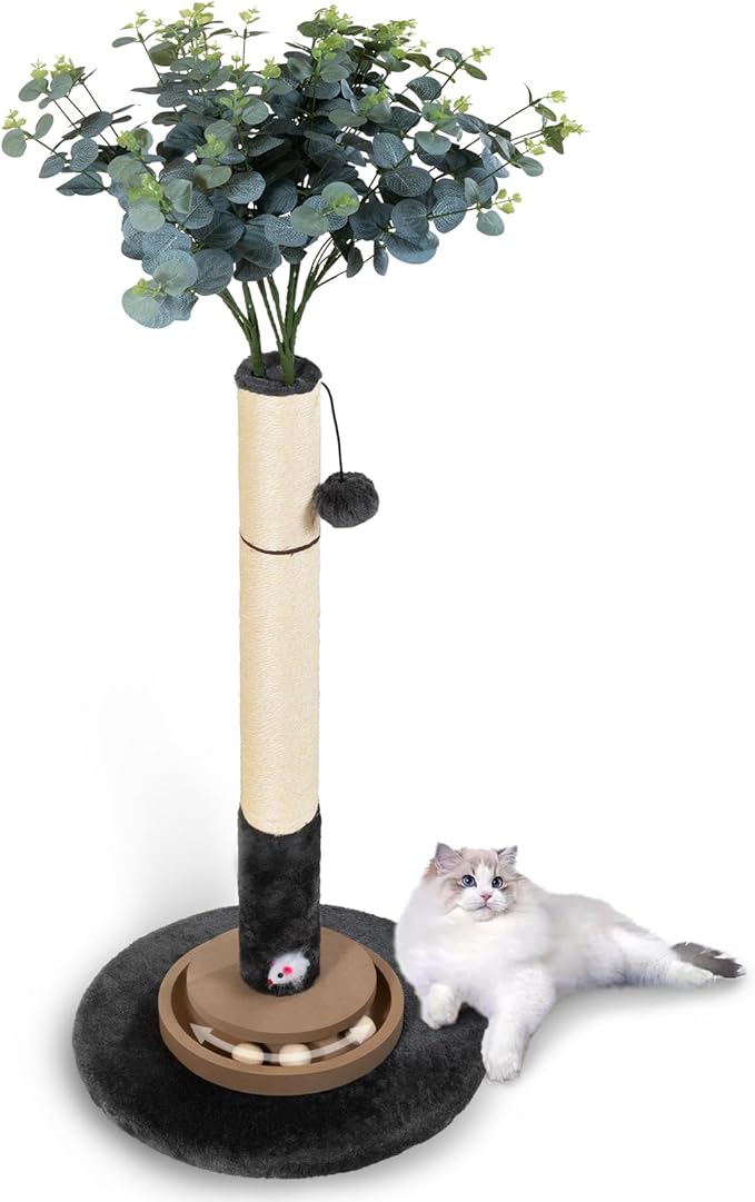 35 Inch Cat Scratching Post, Eucalyptus Sisal Rope Cat Tree Tower with Hanging Ball & Interactive Mouse Toy, Durable Scratcher for Indoor Adult Cats