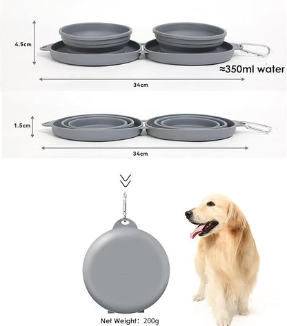Collapsible Double Dog & Cat Bowl, 2-in-1 Silicone Food & Water Dish Portable Travel Feeding Bowl for Camping (Small)