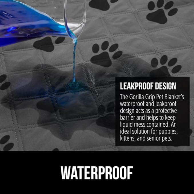 GORILLA GRIP Waterproof Dog Blanket, 82x68, Leakproof Couch Cover for Dogs, Silicone Grip Backing, Protects Sofa, Sectional, Bed, Crate, Car & RV, Tear-Resistant Washable Senior Pet Blanket, Gray Paw