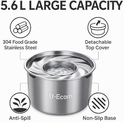 Large Stainless Steel Slow Feeder Dog Bowl with Lid – 198oz/5.6L No Spill Water Dispenser – Slobber Stopper for Healthy Slow Drinking – Non-Slip Pet Bowl for Travel, Kennels and Crates
