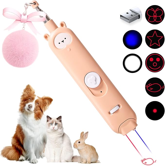 Gochanmon Cat Laser Toys, 2 in 1 Laser Pointer Cat Toys,Internative Cat Toys for Indoor Cats,3+5 Light Modes Cat Wand Toy, Retractable Cat Feather Toys, Long Range Kitten Toys,USB Rechargeable
