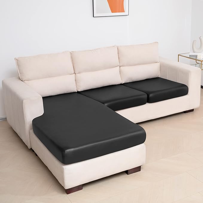 Yates Home 3 Piece Sectional Couch Covers - L Shape Sofa Cushion Covers with Separate Cushions for Both Left/Right Chaise (2 Seater + 1 Chaise, Black PU Leather Slip Cover)