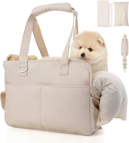 JourCraf Dog Purse Carrier for Small Dogs & Puppies Up 12 Lbs, Soft Cotton Tote Pet Shoulder Bag with Pockets, Foldable & Washable Breathable Puppy Carrier for Yorkie, Chihuahua & Cats - Beige