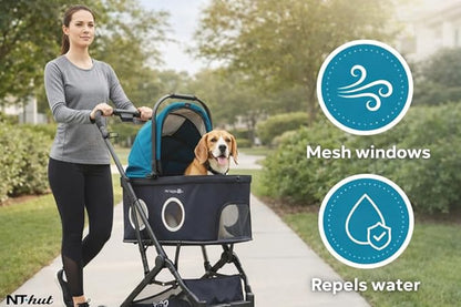 Dog Stroller for Small Medium Dogs & Cats Up to 50 lbs – NTHUT WagZee Foldable Pet Stroller with 360° Mesh Windows, One-Click Fold, Reflective Trim, Storage Basket & Cup Holder (Black Teal)