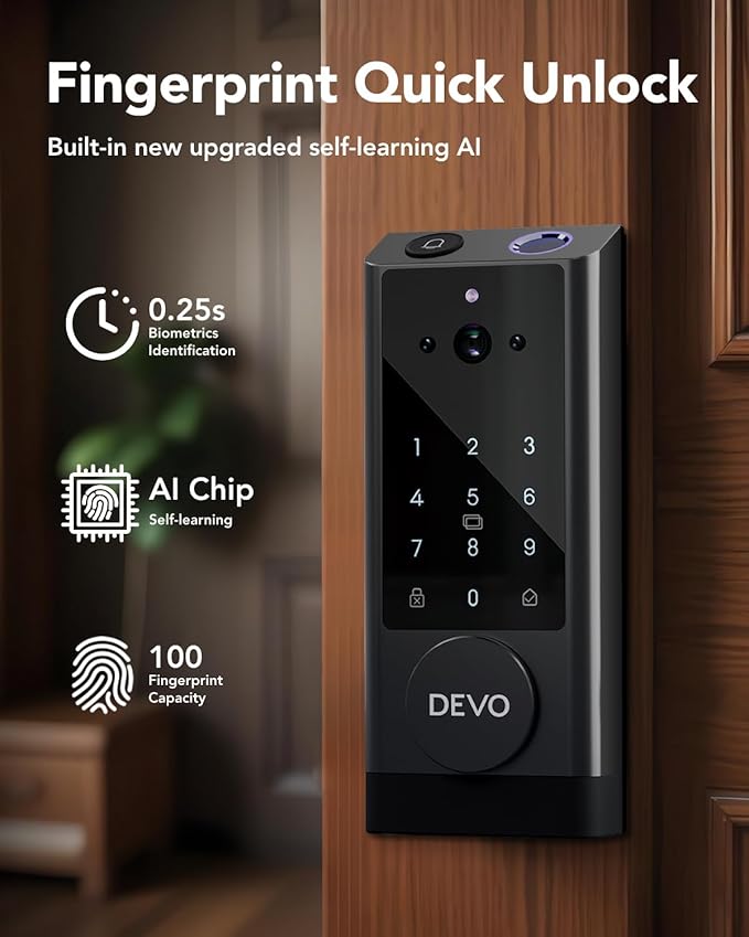 Devo G1 Video Smart Lock with Camera & Doorbell, 6-in-1 Fingerprint Keyless Entry Door Lock for Front Door, App Remote, Auto Locks, Wi-Fi Smart Deadbolt, Easy Install, Waterproof, Black