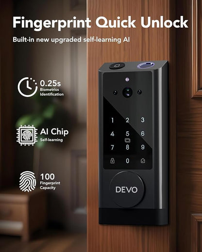 Devo G1 Video Smart Lock with Camera & Doorbell, 6-in-1 Fingerprint Keyless Entry Door Lock for Front Door, App Remote, Auto Locks, Wi-Fi Smart Deadbolt, Easy Install, Waterproof, Black