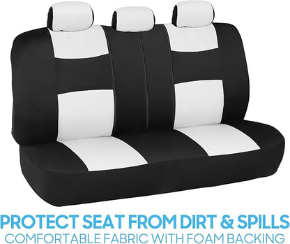 BDK PolyPro Car Seat Covers Full Set in White on Black, Front and Rear Split Bench Seat Covers for Cars, Easy to Install Car Seats Cover Set and Accessories for Auto Trucks Van SUV - White