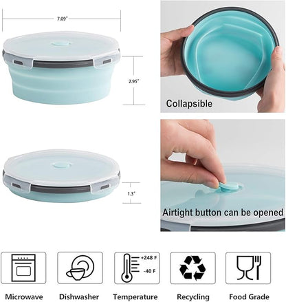 ColorCoral Camping Bowl with Lid Large Collapsible Silicone Bowl(1200ml/42oz) and Foldable Stainless Steel Fork for Travel and Camping Microvave and Fridge Food Storage