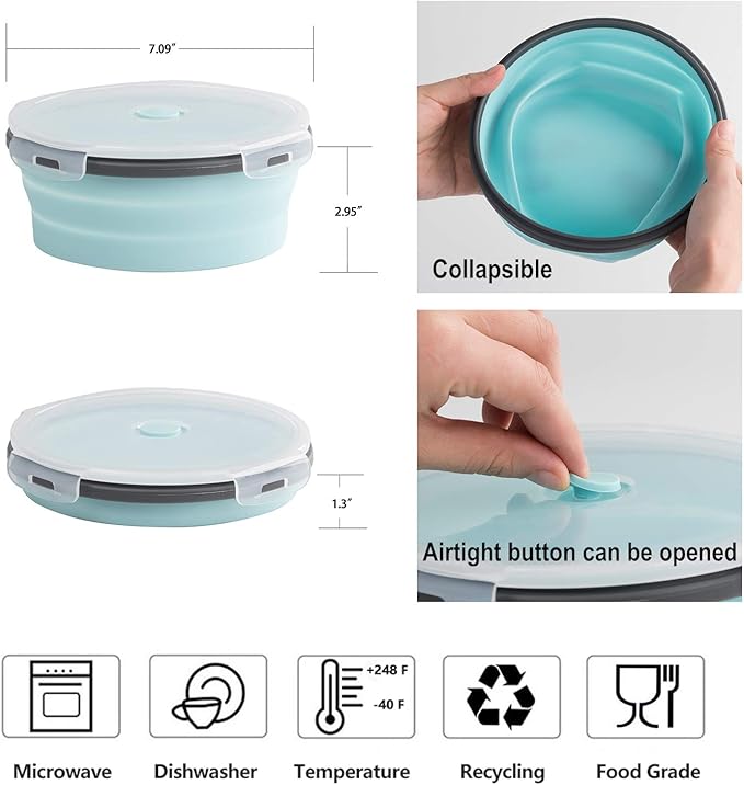 ColorCoral Camping Bowl with Lid Large Collapsible Silicone Bowl (2-pack) 1200ml/42oz per unit and Foldable Stainless Steel Fork for Travel and Camping Microvave and Fridge Food Storage