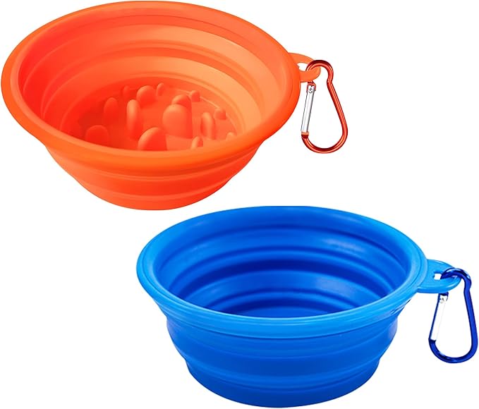 Large Collapsible Dog Bowls (34oz), 2 Pack 2 Colors Pet Travel Foldable Bowl and Slow Feeding Frisbee with Carabiners, Healthy, Soft Silicone, Portable Essential Set for Walking, Travel, and Hiking