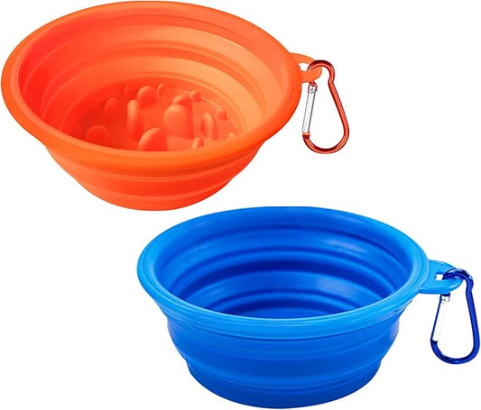 Large Collapsible Dog Bowls (34oz), 2 Pack 2 Colors Pet Travel Foldable Bowl and Slow Feeding Frisbee with Carabiners, Healthy, Soft Silicone, Portable Essential Set for Walking, Travel, and Hiking