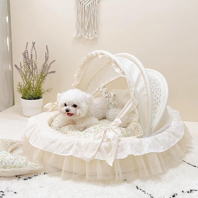 Elegant Pet Bed with Ruffles, Cradle Bed for Small Dogs Puppy Kitten Luxury Bed Sofa (L 25.6''Lx21.7''Wx17.3''Th, Cotton MintFlr)