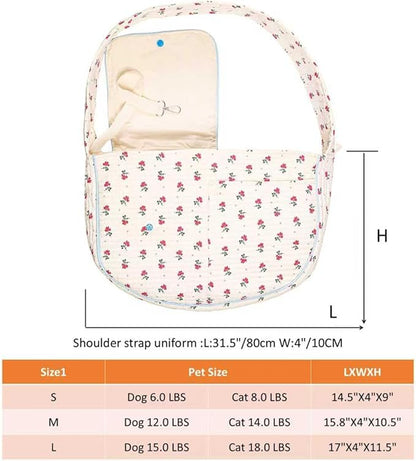 Flower Pet Sling Carrier for Small Dogs and Cats, Breathable Cotton Cats Carrier Purse，Floral Print Puppy Bag 5-10 Lbs, Hand Free Travel Chest Cat Sling, Gifts for Pet Mom Girls（White, Small