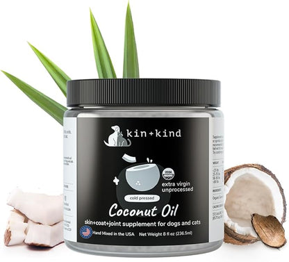 kin+kind Organic Coconut Oil for Dogs & Cats – Natural Pet Supplement for Healthy Skin, Coat & Paws – Cold Pressed Extra Virgin Coconut Oil – Dog Nose Balm for Itchy Skin & Dry Noses – 8 fl oz Medium