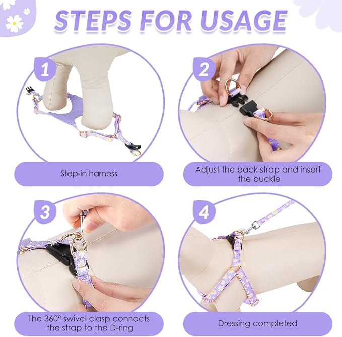 SlowTon Dog Harness Small Sized Dog - Soft XXS Dog Harness and Leash Set No Pull No Chock, Adjustable Lightweight Puppy Harness for XS Small Medium Dogs Cats (Purple Dasiy, XS)