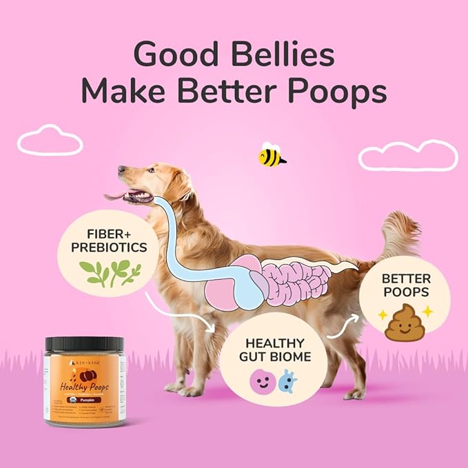 kin+kind Healthy Poops - Organic Pumpkin Powder for Dogs and Cats - Digestive and Probiotic Support w/Prebiotics & Fiber Powder - Cat & Dog Vitamins and Supplements for Sensitive Stomach - 4 oz