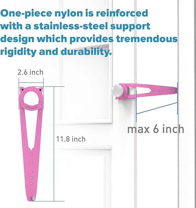 Cat Door Latch with Stabilizer, 7 Sizes Adjustable Cat Door Holder Latch to Keep Dog Out of Litter Box, No-Drill Alternative of Pet Gates and Interior Pet Door, Pink, 4 Packs