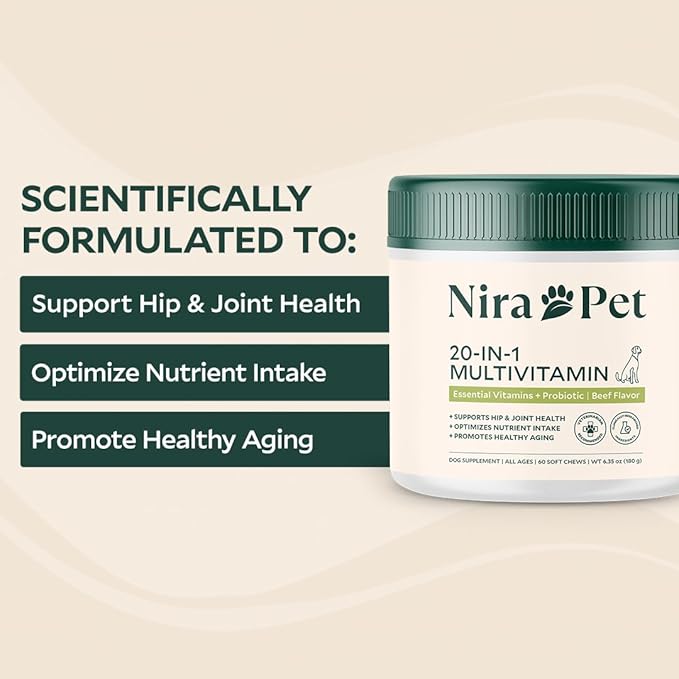 Nira Pet 20-in-1 Multivitamin for Dogs – Beef Flavor – 60 Soft Chews with Glucosamine, Probiotics, MSM, Turmeric & Salmon Oil – Joint, Skin, Coat & Digestive Support