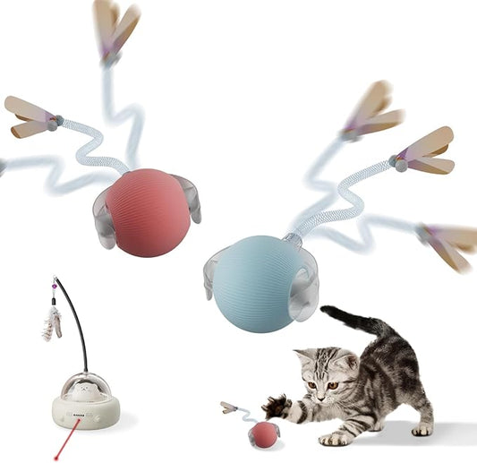 3-in-1 Interactive Cat Toys Set, Automatic Laser Toy with Feather Wand and 2 Cat Ball Toys, Rechargeable Toys for Indoor Cats and Kittens
