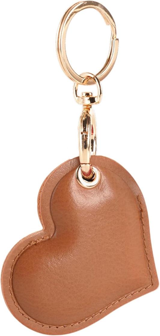 Leather Charm Keychain Holder Case Compatible with AirTag,Cute Protective Heart-Shaped Cover with Luxe Ring Clip,Finder GPS Tracker Case for Wallet Keys,Bag,Pets(Brown)