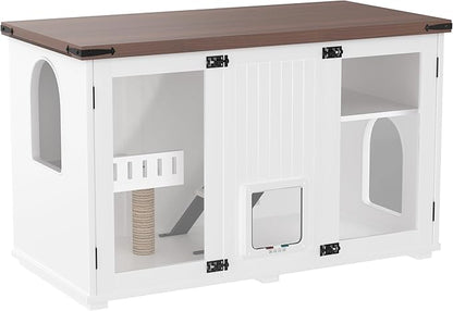 LUMISOL Indoor Cat House with LED Light, Large Cat Litter Box Enclosure with Stairs and Cat Scratching Post, Hidden Litter Box Cabinet Furniture, Side Table with Smart Doors for Living Room, White