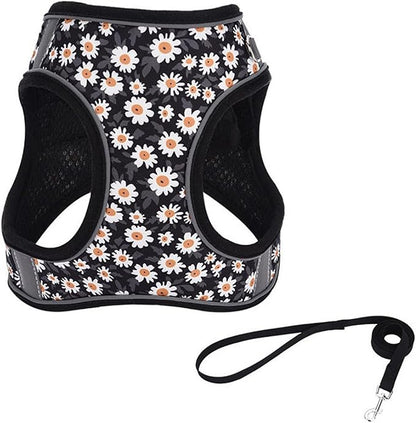 Small Dog Harness Black Daisy Flowers No Pull Reflective Step in Vest Harness Mesh Padded Soft Harness for Small Medium Dogs Cats