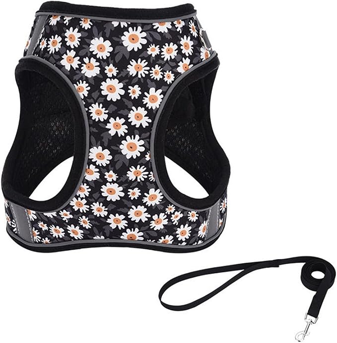 Small Dog Harness Black Daisy Flowers No Pull Reflective Step in Vest Harness Mesh Padded Soft Harness for Small Medium Dogs Cats