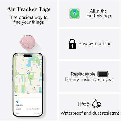 Air Tracker Tag, [MFi Certified] Smart Tag, Pet Bluetooth Tracker for Apple Find My, IP68 Waterproof,Replaceable Battery, Key Finder and Item Locator for Keys, Bags, Pets, Wallet-Pink