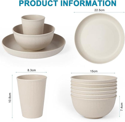 18pcs Wheat Straw Dinnerware Sets, Unbreakable dish Set Reusable Plates, Bowls, and Cups Set dishes Dishwasher Microwave Safe for Kitchen Outdoor Travel Camping (Beige)