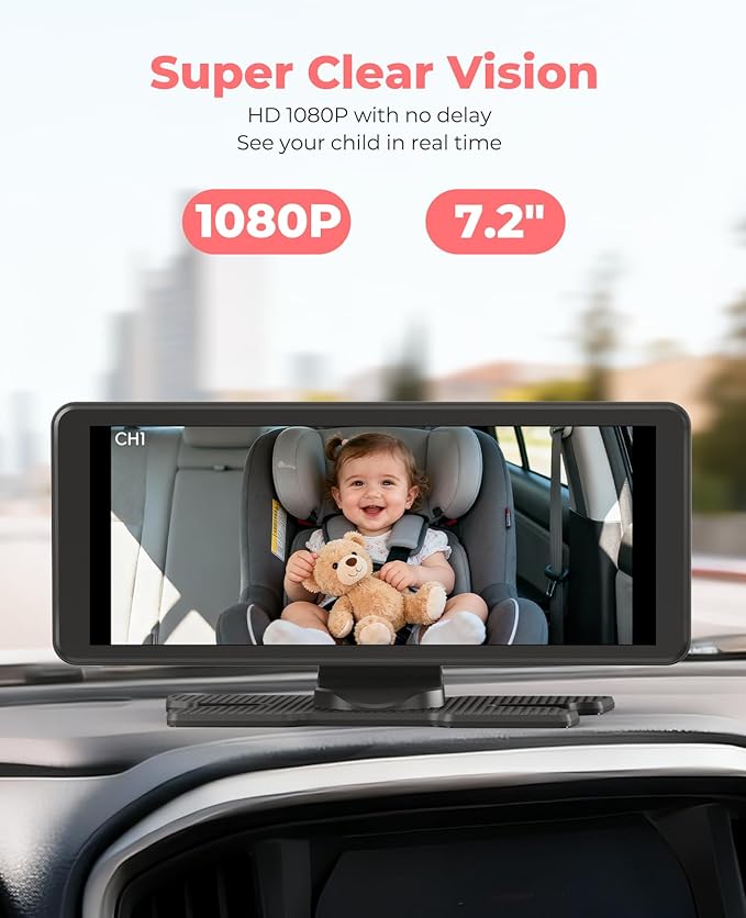 LUCKVIEW BM5PRO 7.2" Dual Camera Baby Monitor, 1080P HD Display for 2 Kids, Night Vision, Easy Install Car Baby Monitor, Ideal Gift, Rear Seat Safety for Babies & Pets