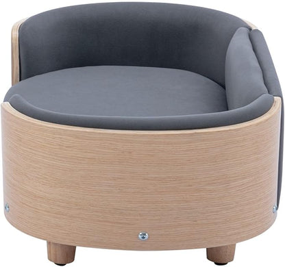 Velvet Dog Bed Pet Sofa with Solid Wood Legs and Bent Wood Back, Stain-Resistant Cushion in Multiple Colors - Luxury Pet Furniture for Cats and Dogs, Dark Grey