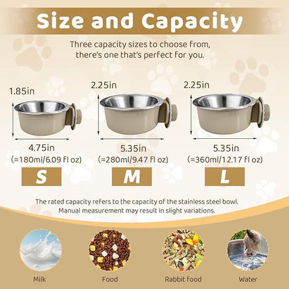 2Pcs Pets Lightweight Stainless Steel Bowl,Removable Stainless Steel Pet Hanging Food Water Feeder Bowl for Puppy Dog Cat Rabbit Ferret Bird Gunea Pigs (Large)