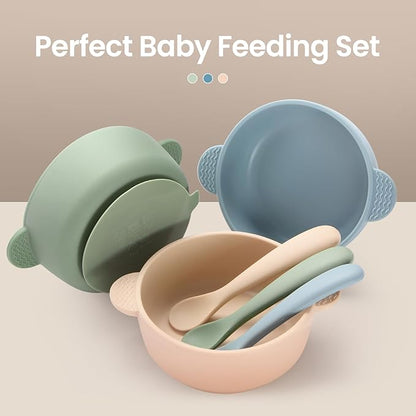 Eascrozn Baby Bowls with Suction and Baby Spoons Set of 3, Silicone Stay Put Bowls and Feeding Spoons for Babies Toddlers Kids, BPA Free,Microwave and Dishwasher Safe