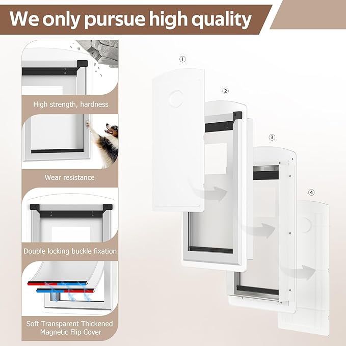 [MAVRICTECH] Doggie Door for Door, Doggy Door for Exterior Door with Steel Frame and Telescoping Tunnel, Dog Door with Two Magnetic Flaps and Two Sliding Lock Panels, for Pets Up to 40LBS, White