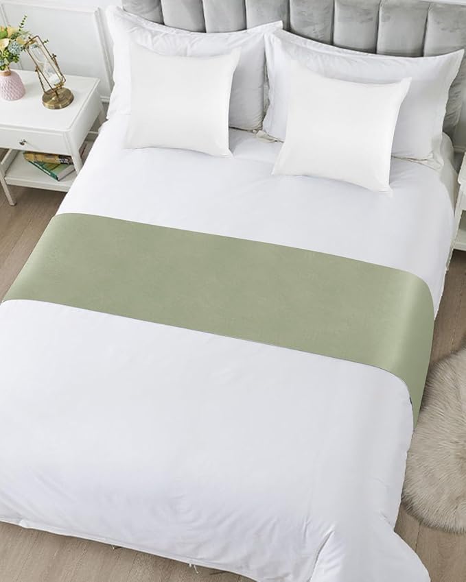 Sage Green Bed Runner for King Size Bed, Farmhouse Decorative Bed Scarf Throws for Foot of Bed, Sage Green Color Luxury Bedding Protector Slipcover Bed Runners for Hotel/Home, 94 x 20 Inch