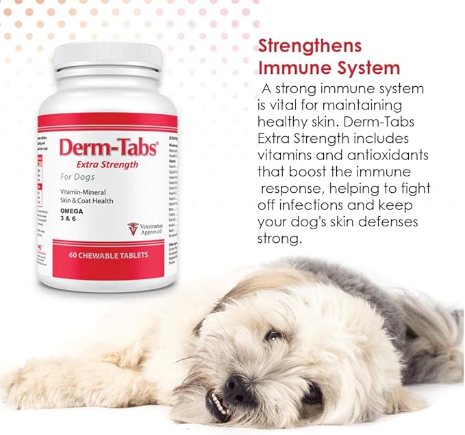 Derm Tabs Extra Strength for Dogs - Natural Oil, Vitamins, Minerals, and Antioxidants - Support Healthy Skin and Reduce Shedding -60 Chewable Tablets