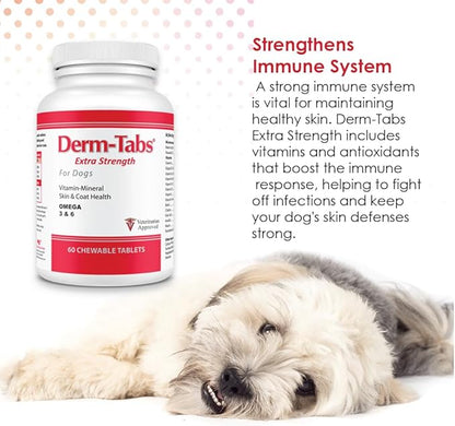 Derm Tabs Extra Strength for Dogs - Natural Oil, Vitamins, Minerals, and Antioxidants - Support Healthy Skin and Reduce Shedding -60 Chewable Tablets