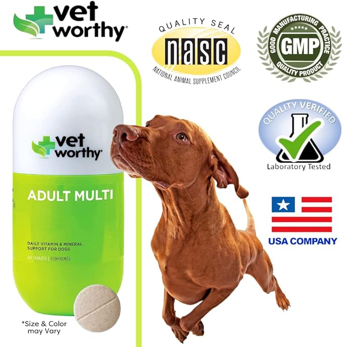 Vet Worthy Adult Multi Vitamins - Multivitamin for Dogs to Support Optimum Health and Overall Wellness - Dog Supplement with Iron, Magnesium, Zinc, Vitamin A, B Vitamins - Liver Flavor, 60 Tablets