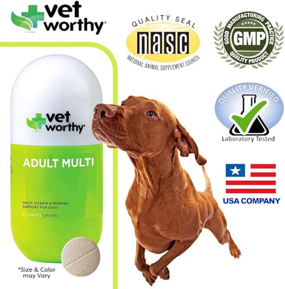 Vet Worthy Adult Multi Vitamins - Multivitamin for Dogs to Support Optimum Health and Overall Wellness - Dog Supplement with Iron, Magnesium, Zinc, Vitamin A, B Vitamins - Liver Flavor, 60 Tablets