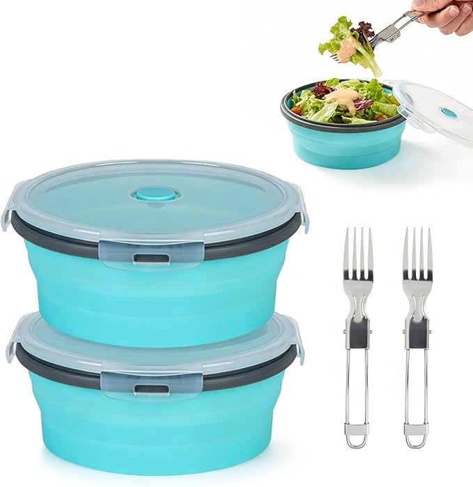 ColorCoral Camping Bowl with Lid Large Collapsible Silicone Bowl (2-pack) 1200ml/42oz per unit and Foldable Stainless Steel Fork for Travel and Camping Microvave and Fridge Food Storage