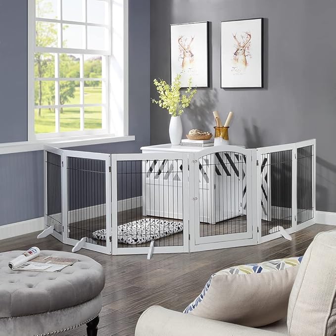 unipaws 144" Extra Wide Dog Gate and Pet Playpen, Free Standing Tall Dog Fence with Walk Through Door, Barriers for Home, Use as Indoor Dogs Cats Pen, Rabbit Pen, White