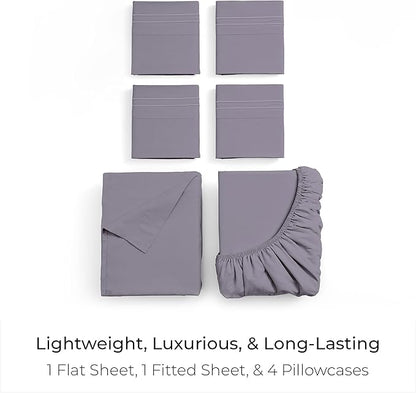 Mellanni California King Sheet Set - 6-Piece Iconic Collection Bedding, (Including 4 Pillowcases), 21-Inch Extra Deep Pocket, Easy Care, Ultra Soft, Cooling Sheets, Brushed Microfiber - Hazy Lilac