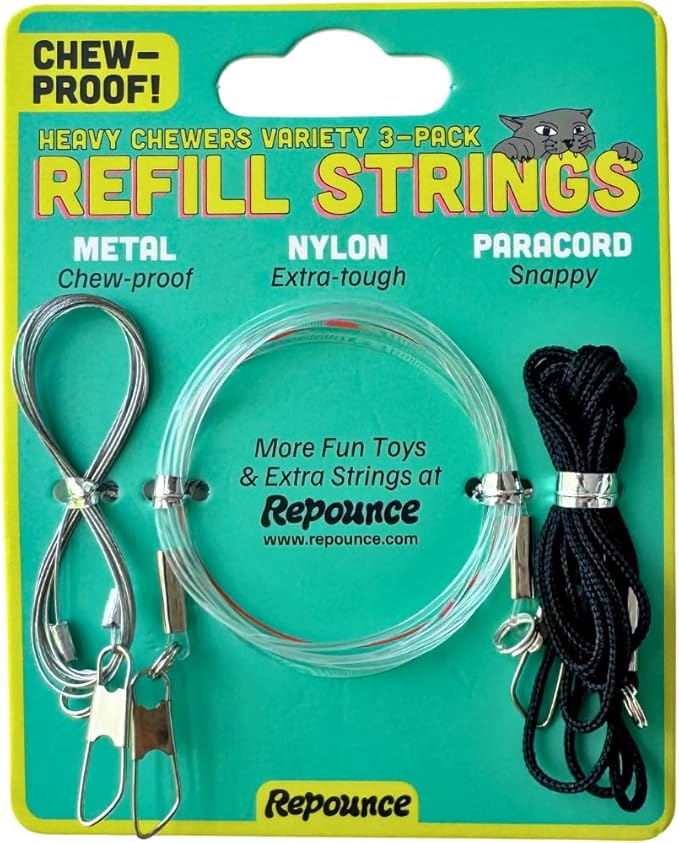 Cat Toy String Replacement 3-Pack - Chew Proof Metal Wire, Cat Wand String Replacement Variety Pack, Official Cat Toy Refill Strings for Forever Stick Cat Toy Wand, Transparent Fishing Line Nylon Cord