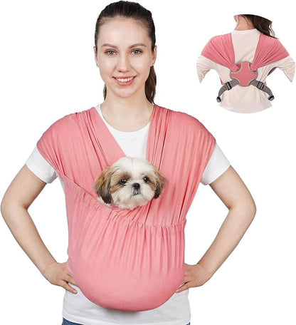 Supet Dog Sling Carrier for Small Pets, Hands Free Cat Sling, Reducing Back Neck Pain Anti-Anxiety Puppy Front, Adjustable Soft Dog Carrying (Pink, Plus 7-15 Lbs)