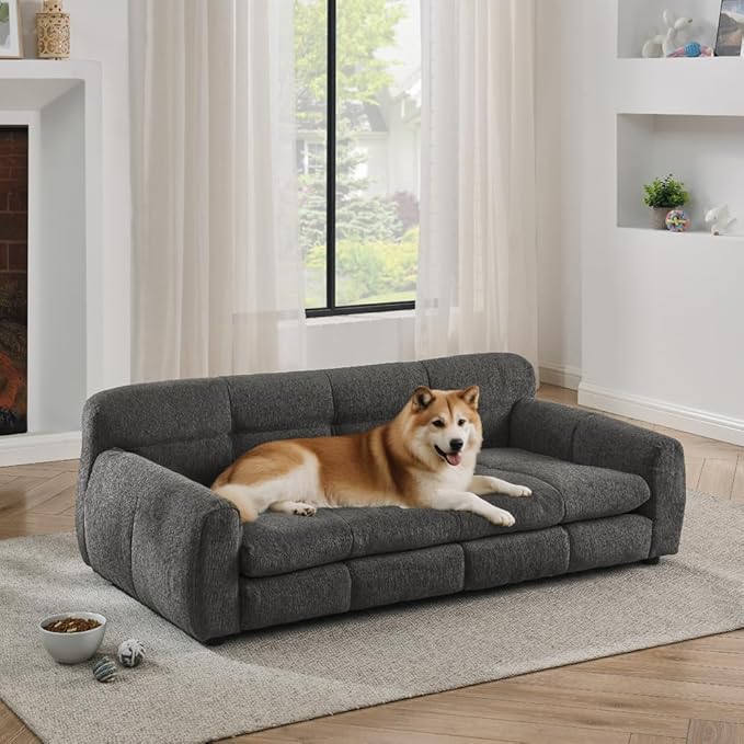 Dog Couch Bed with Backrest and Armrest, Durable Pet Sofa with Soft Foam Cushion, Elevated Dog Couch Bed with Legs for Medium and Large Dogs, Stone Grey