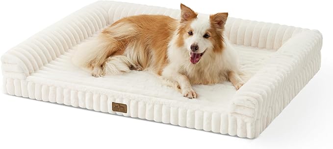 COZY KISS Large Dog Bed for Large Dogs, Faux Rabbit Fur Orthopedic Foam Dog Bed with Sides, Removable Washable Cover & Waterproof Lining, Comfortable Pet Couch, Cream (44" L x 32" W x 7" Th)