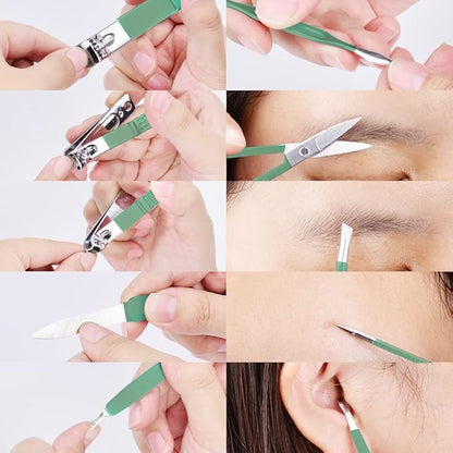 HANTEKAS Manicure Set 10 in 1 Stainless Steel, Nail Clippers Scissors Pedicure Tools Kit - Portable Travel Grooming Kit for Men and Women with Leather Case (Jade Green)